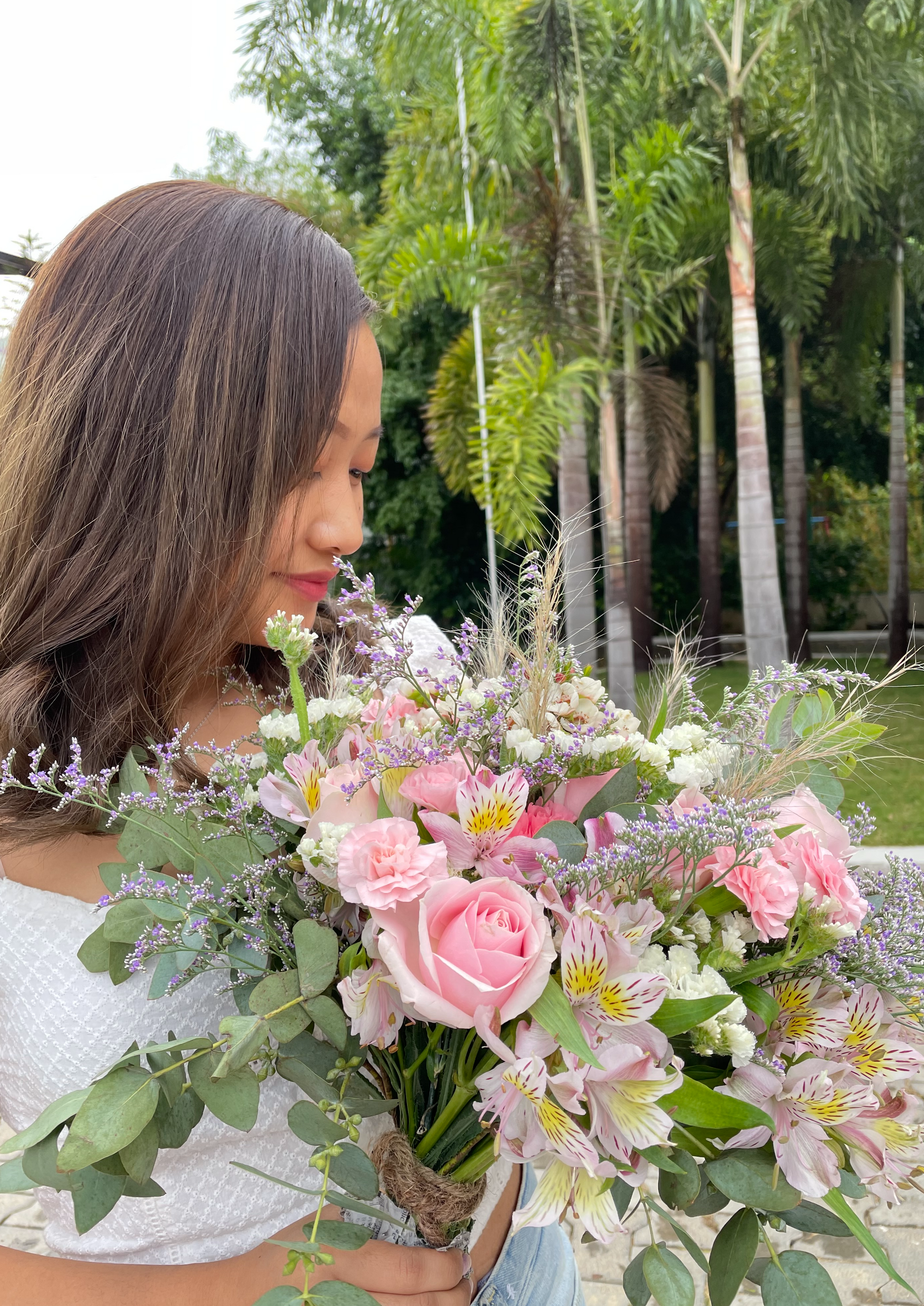 Pink Rose, Pink Carnation, Pink Alstroemerias, Limonium, Wax, Eucalyptus