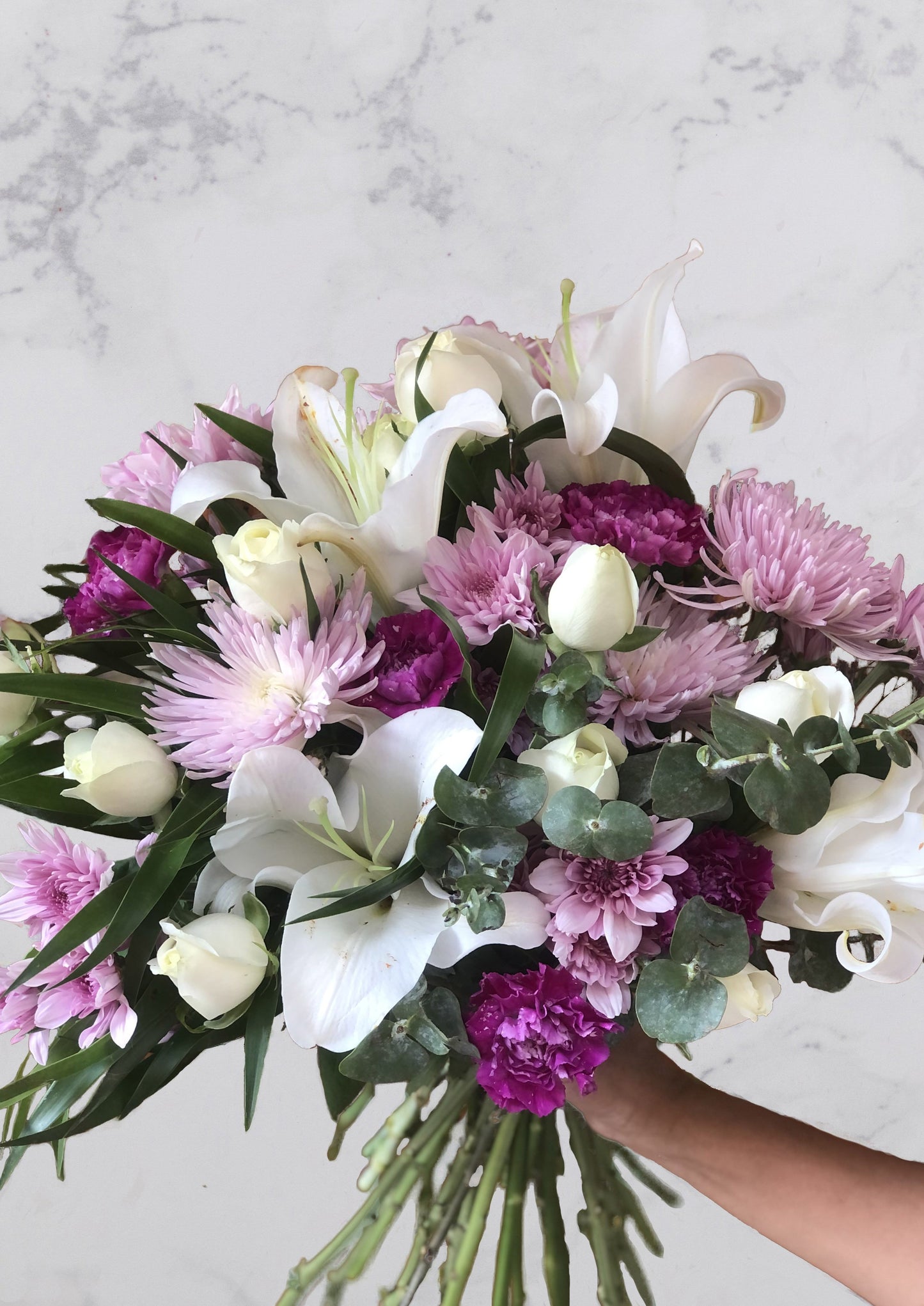 Pink Carnation, White Lily, Pink Disbud, White Rose, Baby Dollar