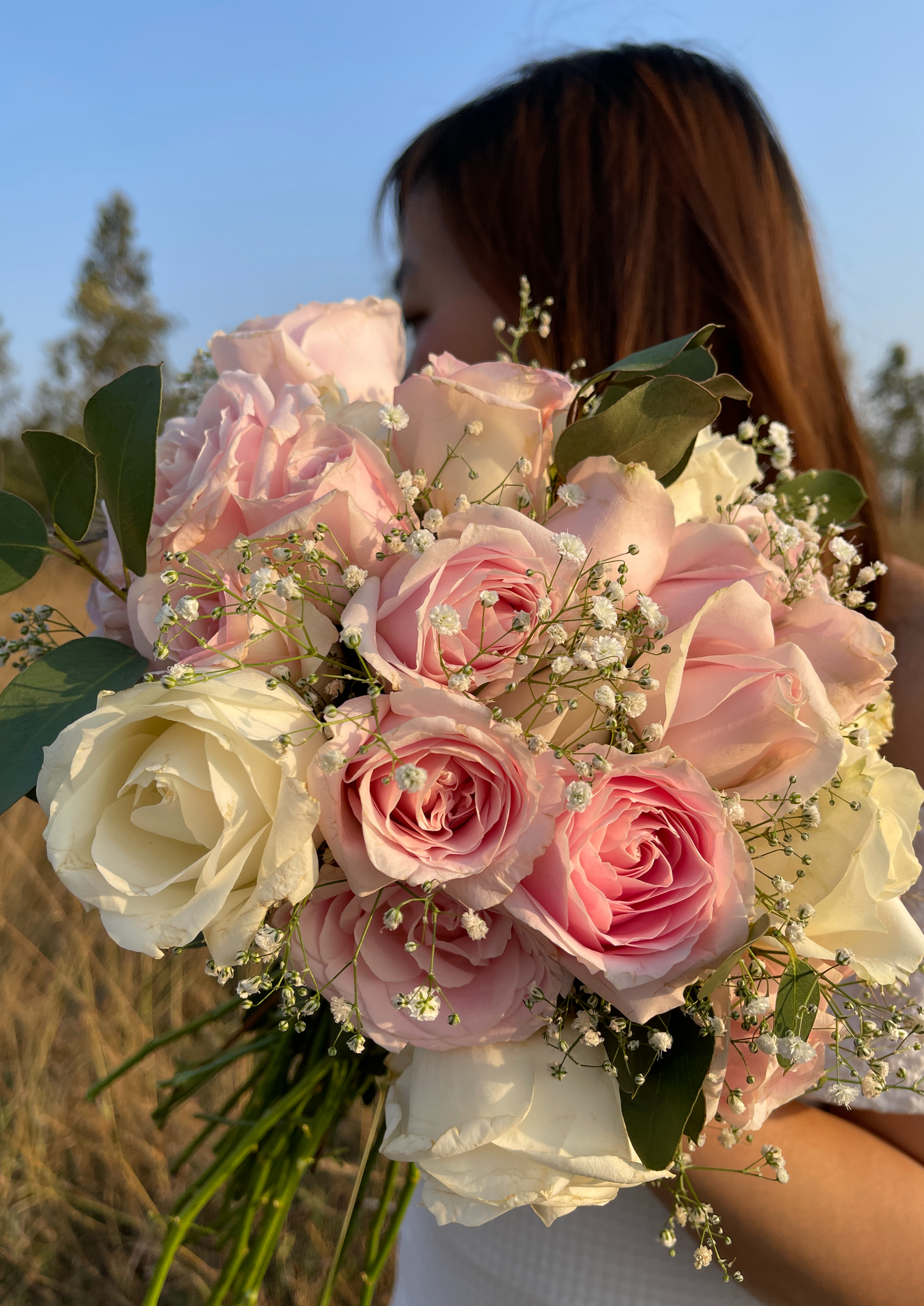White Rose, Baby Pink Rose, Eucalyptus, Baby's Breath