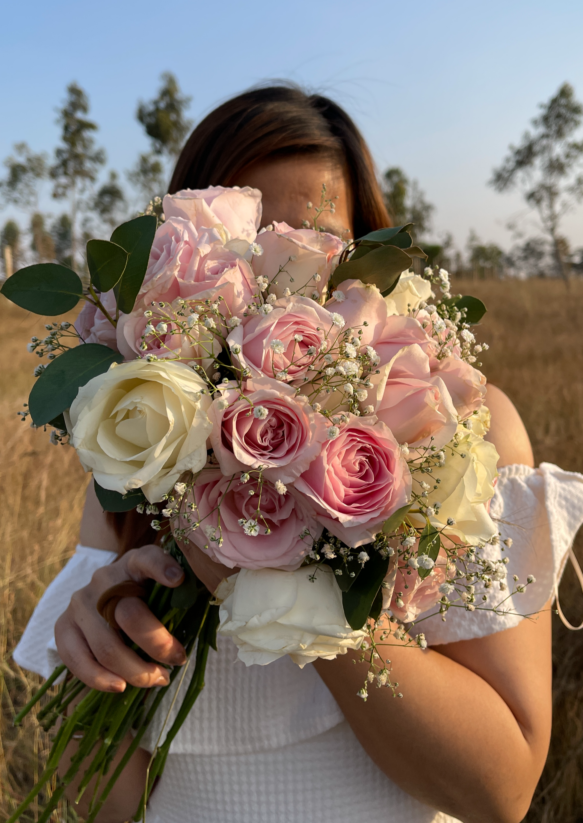 White Rose, Baby Pink Rose, Eucalyptus, Baby's Breath