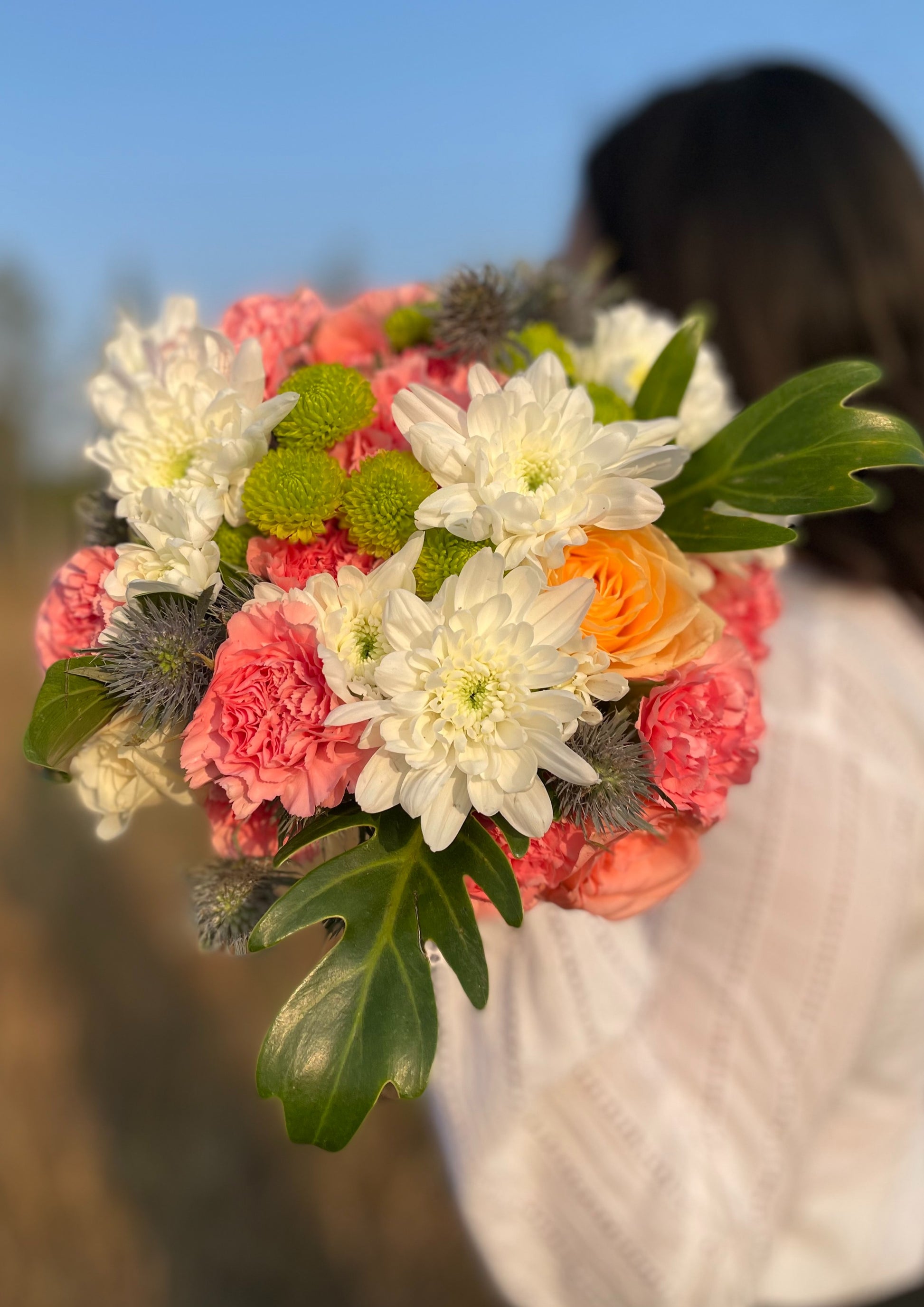 White Chrysanthemum, Pink Carnation, Green Button Mums, Peach Rose