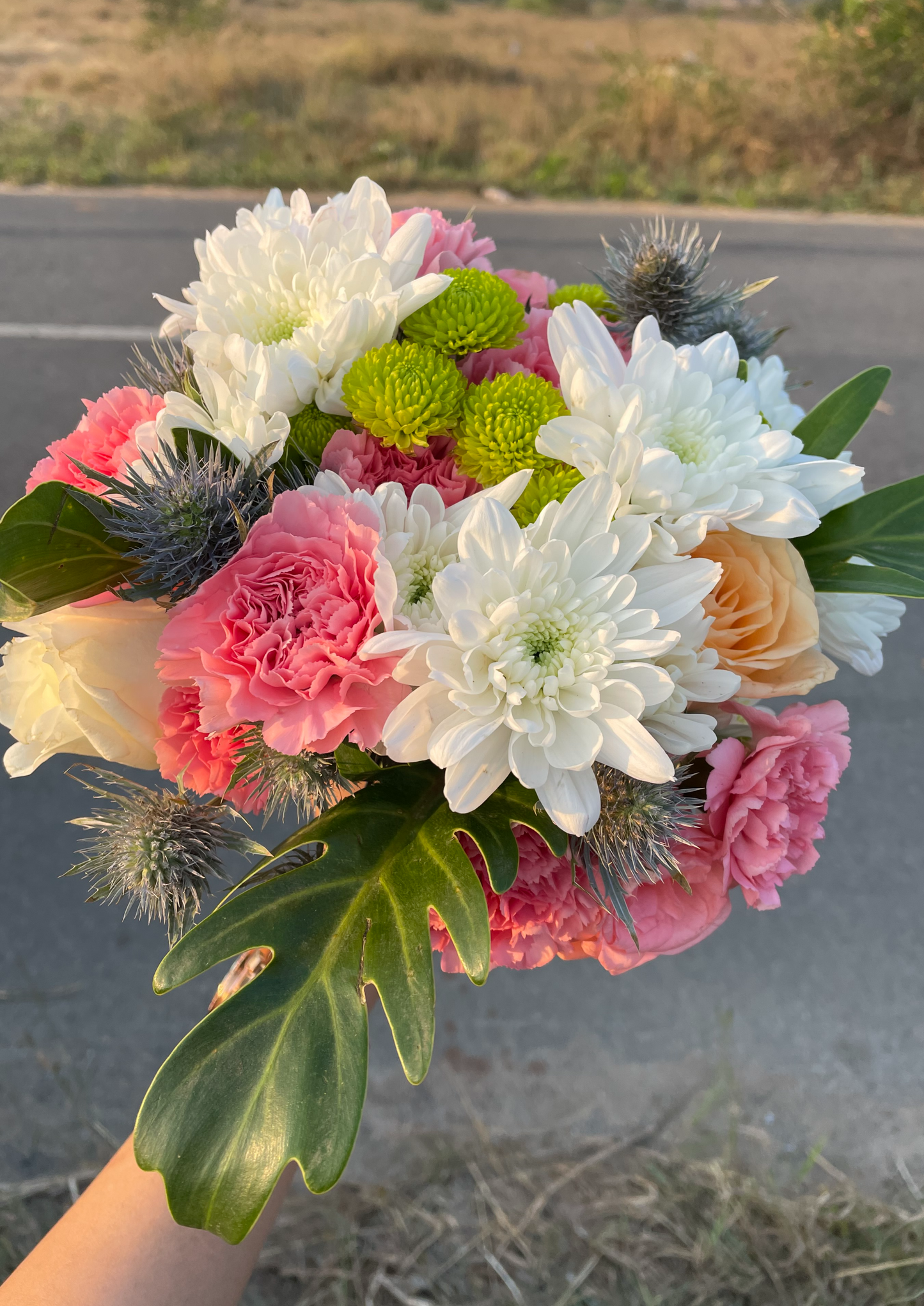 White Chrysanthemum, Pink Carnation, Green Button Mums, Peach Rose