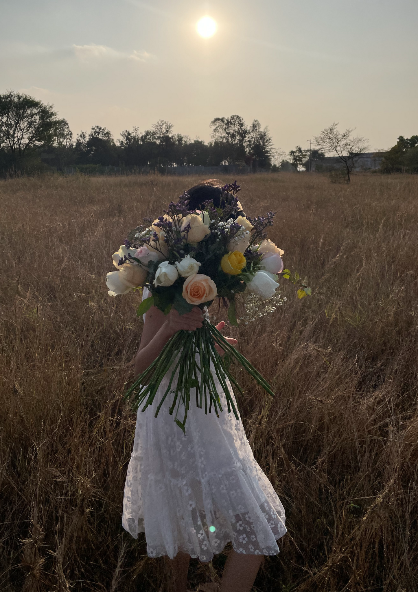 White Rose, Peach Rose, Pink Rose, Limonium, Eucalyptus, Baby's Breath