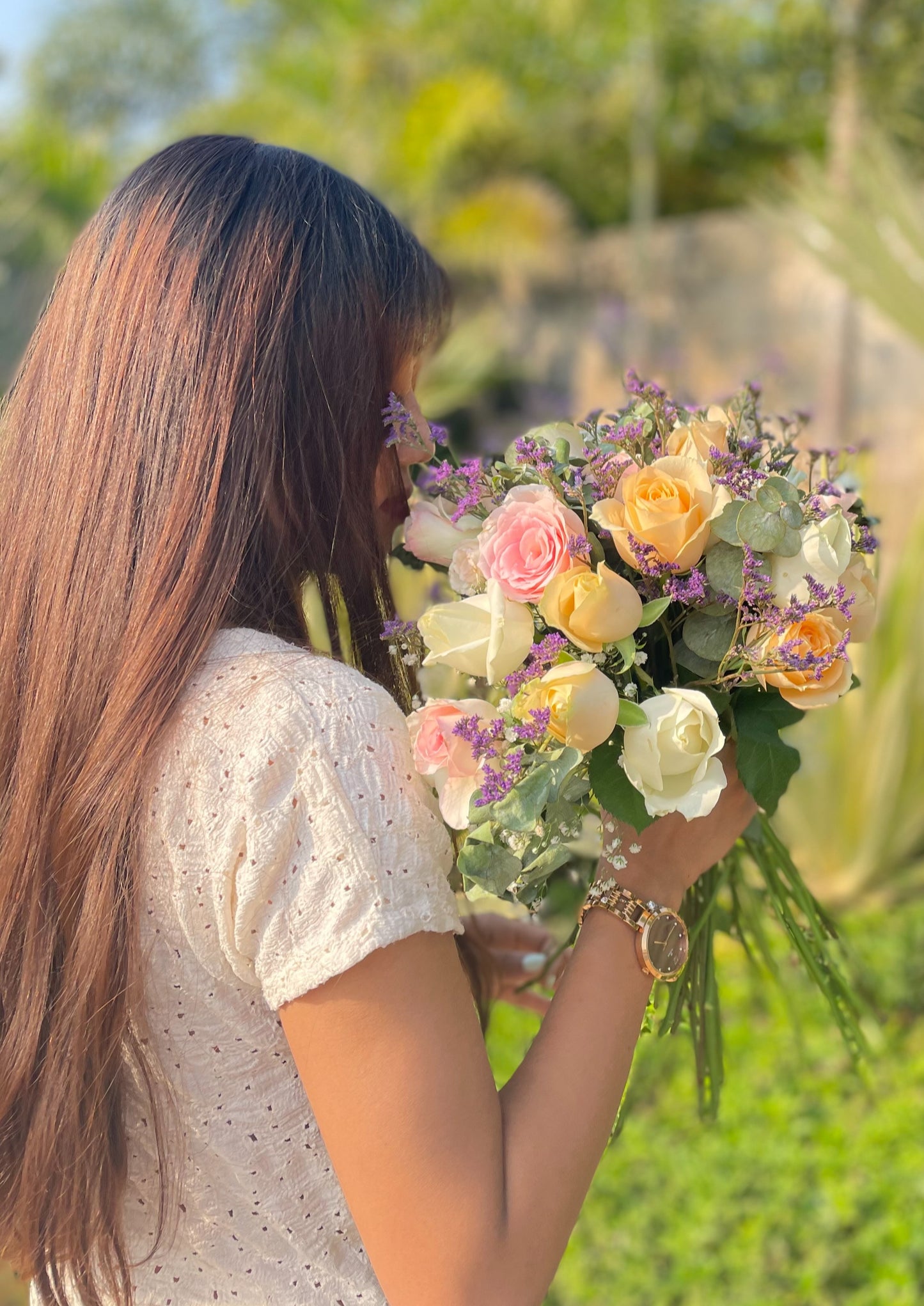 White Rose, Peach Rose, Pink Rose, Limonium, Eucalyptus, Baby's Breath