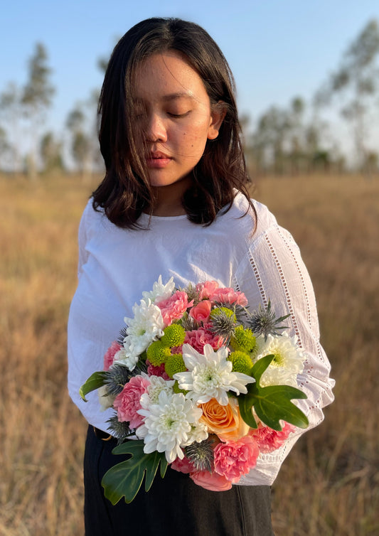 White Chrysanthemum, Pink Carnation, Green Button Mums, Peach Rose