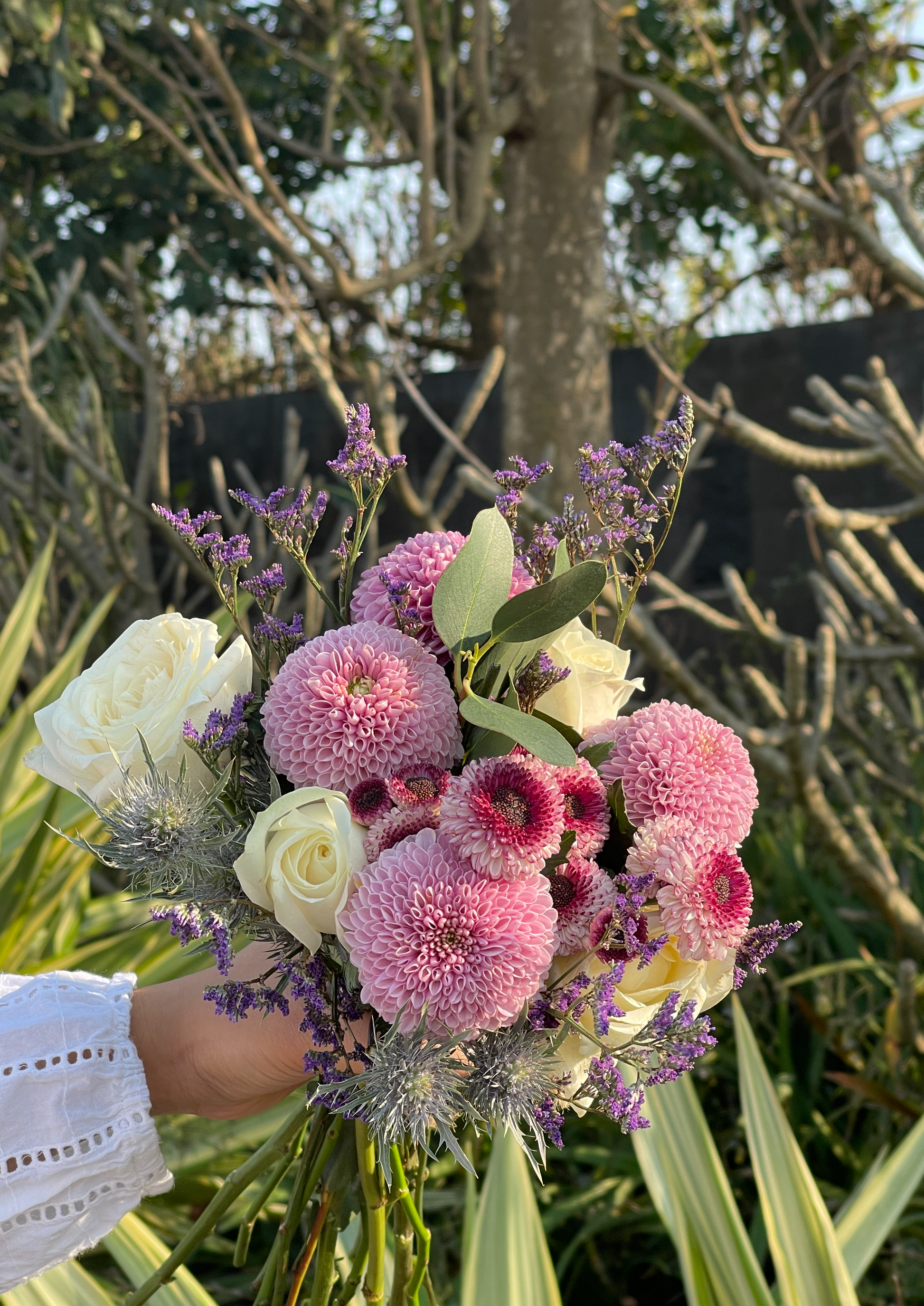Pink Pingpongs, White Rose, Pink Button Mums, Eucalyptus, Limonium