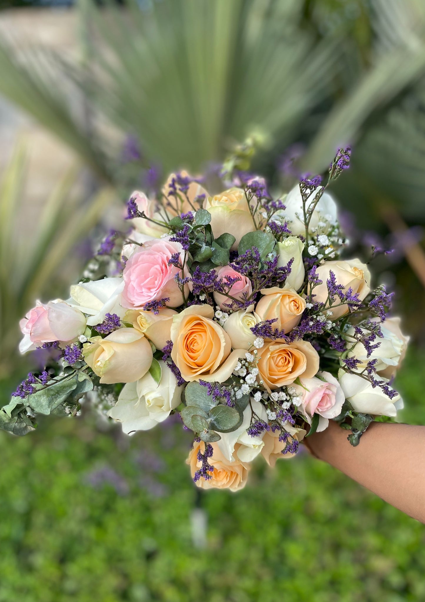 White Rose, Peach Rose, Pink Rose, Limonium, Eucalyptus, Baby's Breath