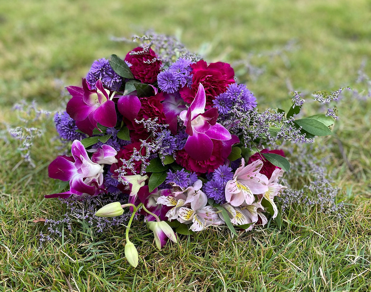 Purple Orchids, Purple Carnation, Light Pink Alstroemerias, Limonium, Kamini