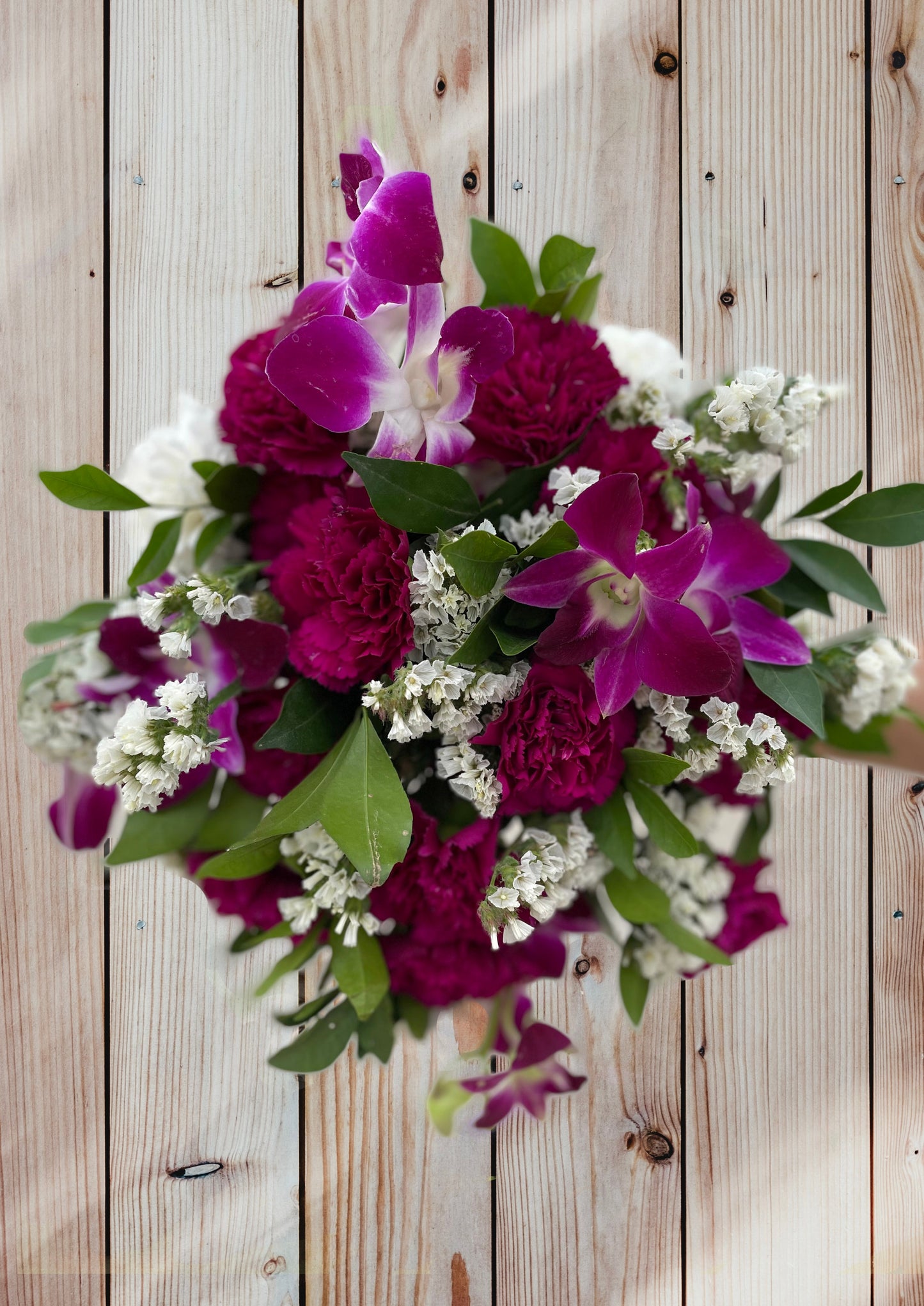 Purple Carnation, Purple Orchids, White Statice, Kamini