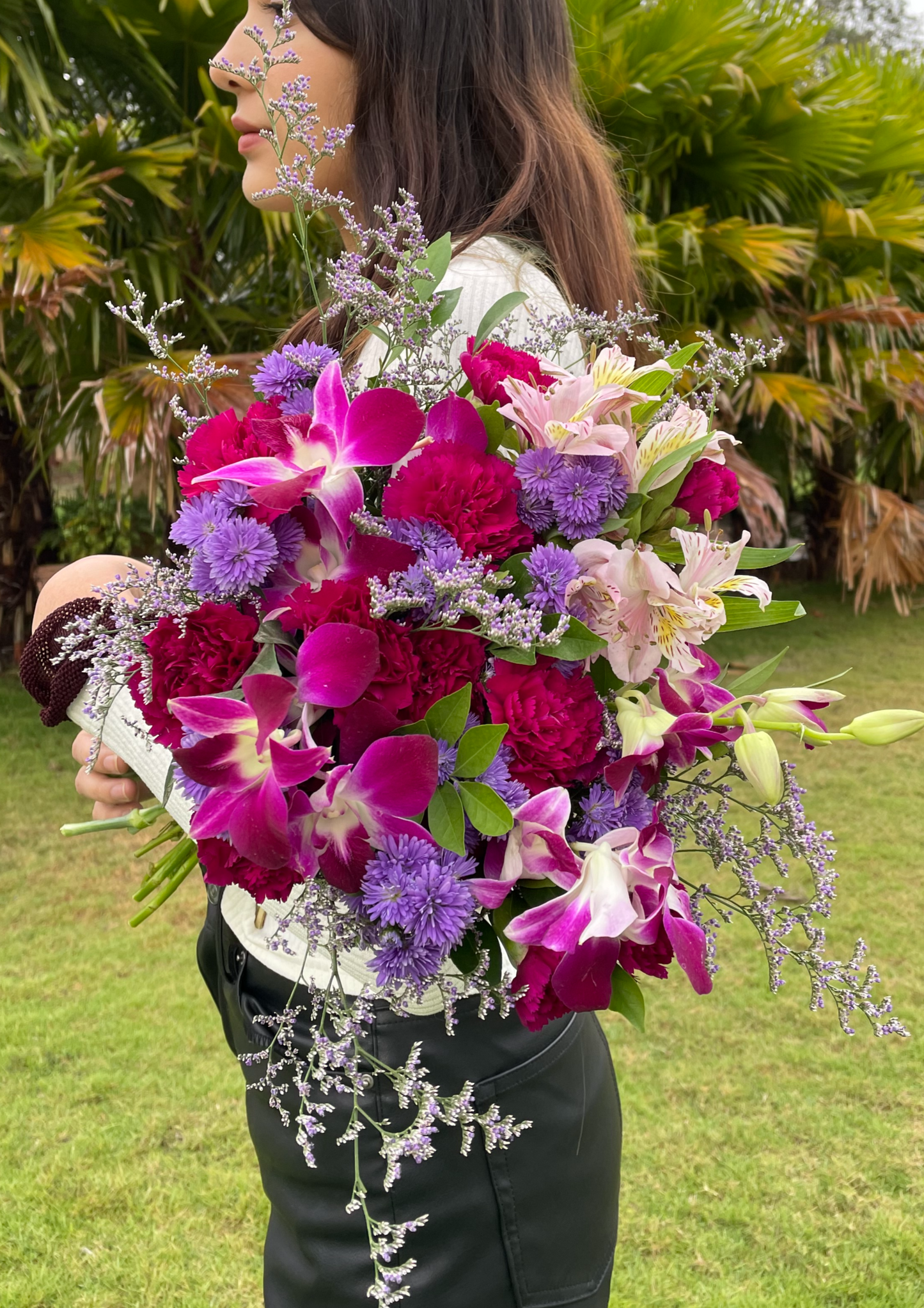 Purple Orchids, Purple Carnation, Light Pink Alstroemerias, Limonium, Kamini