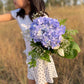 Blue Hydrangea, White Rose, Leather Leaves, Baby's Breath